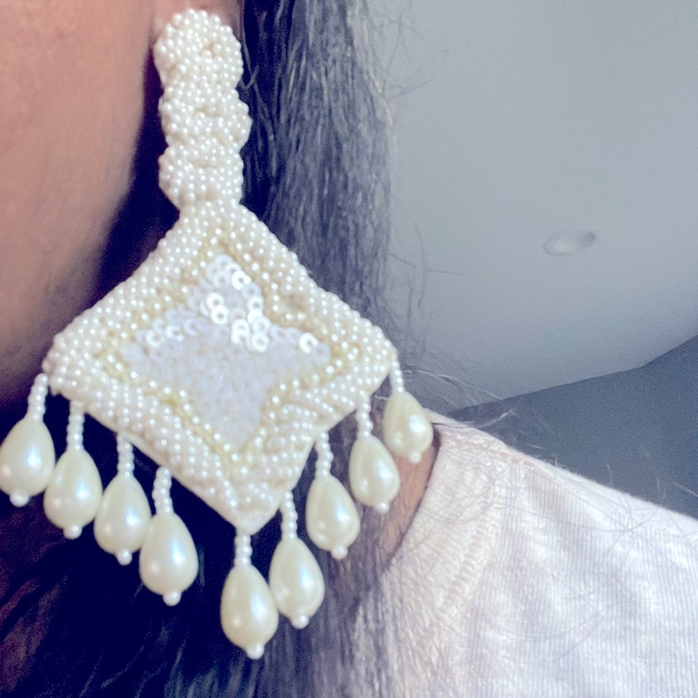 Fabulous White Super Long Chandelier Earrings Handmade with Pearls, sequins